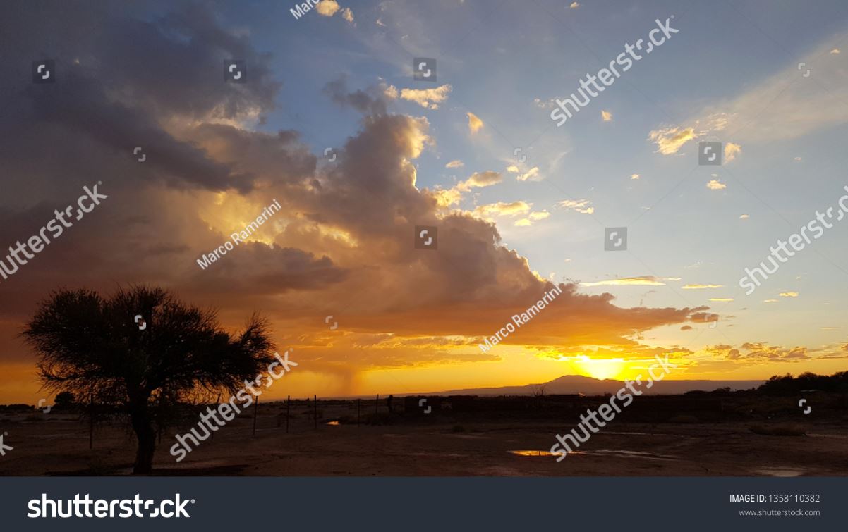 Pôr do sol com árvore solitária e tempestade em formação à distância nas terras áridas do deserto de Atacama, Chile. Autor e Copyright Marco Ramerini